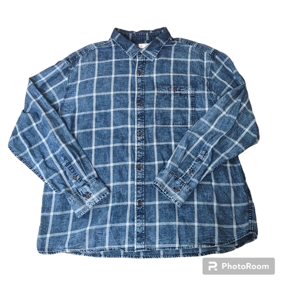Old Navy Regular Fit Button LS Lightweight Brushed Twill Blue Plaid Shirt. XL